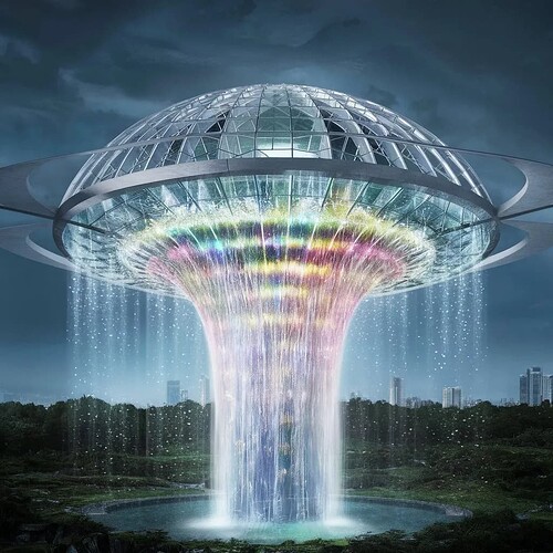 The hovering dome with a central waterfall cascading over its transparent glass surface