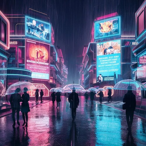 A futuristic nightscape of a neon-lit city with the rain-soaked streets