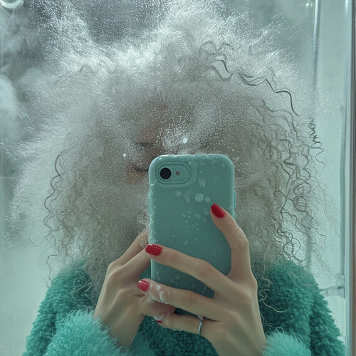 a girl taking selfie in a bathroom. her nail is red, her hair is silver, her phone is blue. the room is full of water steam --v 6.0 --style raw --s 250
