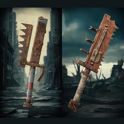 A rugged improvised weapon made from scavenged materials for survival or post-apocalyptic games.