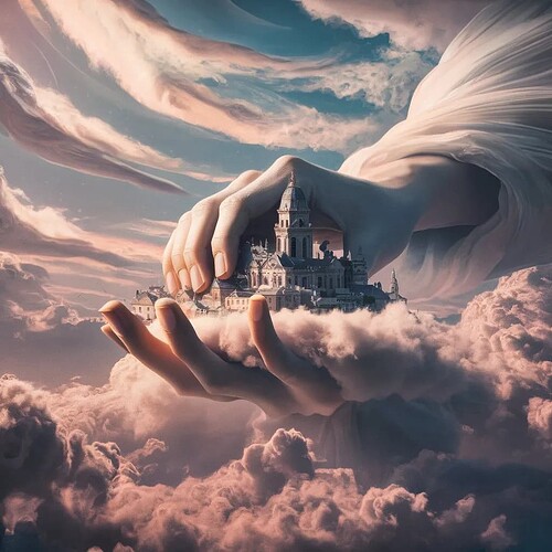 Ethereal hand extending from the sky, gently grasping a miniature city