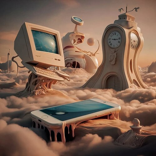 A surreal dreamscape in the style of Salvador Dalí, with melting technology