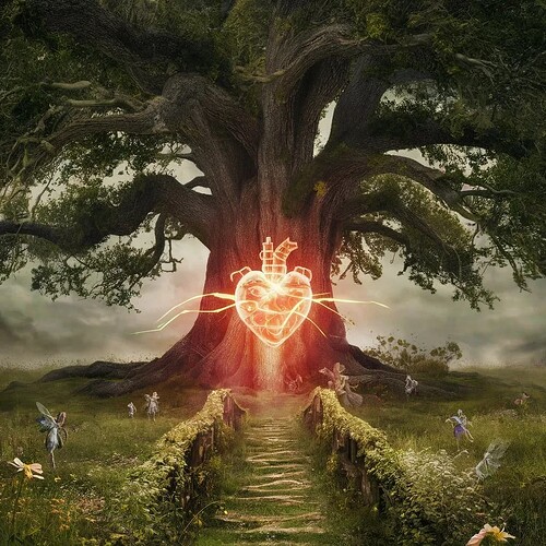 An ancient oak tree with a robotic heart